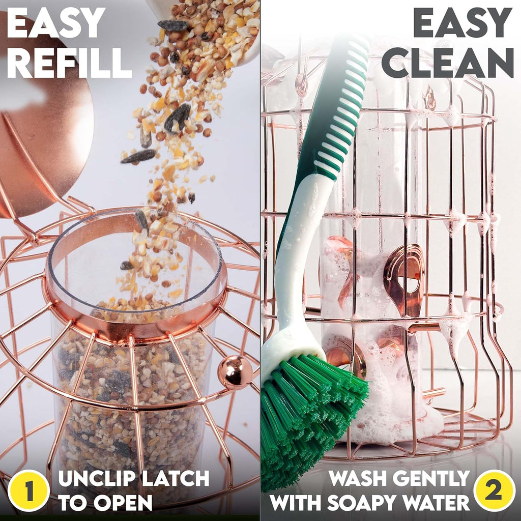 Squirrel Proof Bird Feeder for Outdoors Hanging (Metal Rose Gold) Bird Feeder with 4 Ports, Chew-Proof & Weather Resistant, Backyard Gift (10.25 x 6.25 x 6.25 inches)