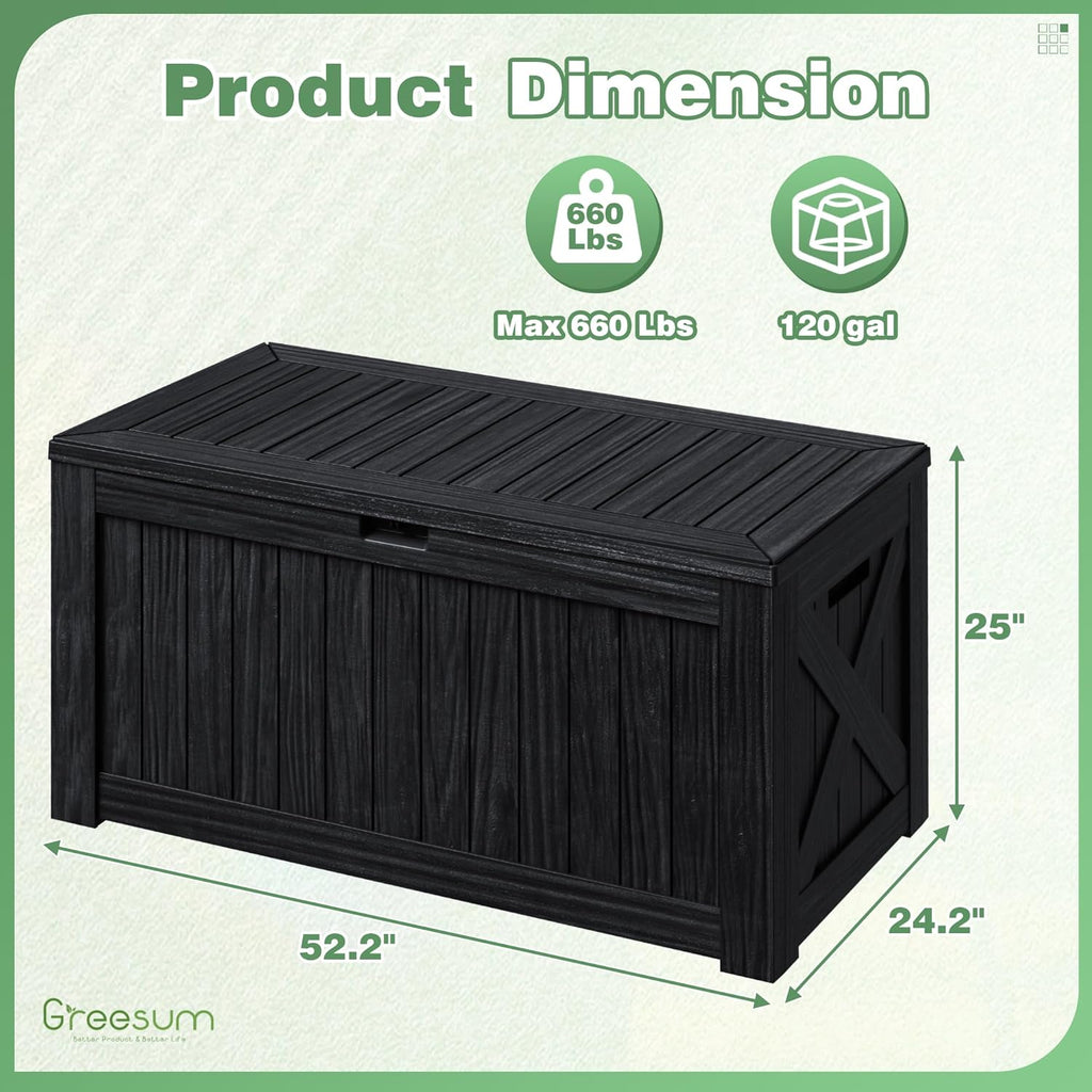 Greesum 120 Gallon Outdoor Storage Box with Lock - Large Resin Deck Box, Reinforced Lid for Garden, Patio, Lawn, Black