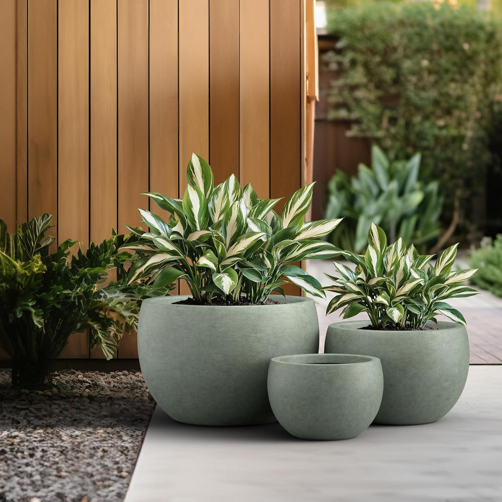 Kante 19.9",15.7",11.8" Dia Round Concrete Planter Set of 3, Outdoor/Indoor Large Bowl Plant Pots with Drainage Hole and Rubber Plug for Garden Patio Balcony Home, Mint Green