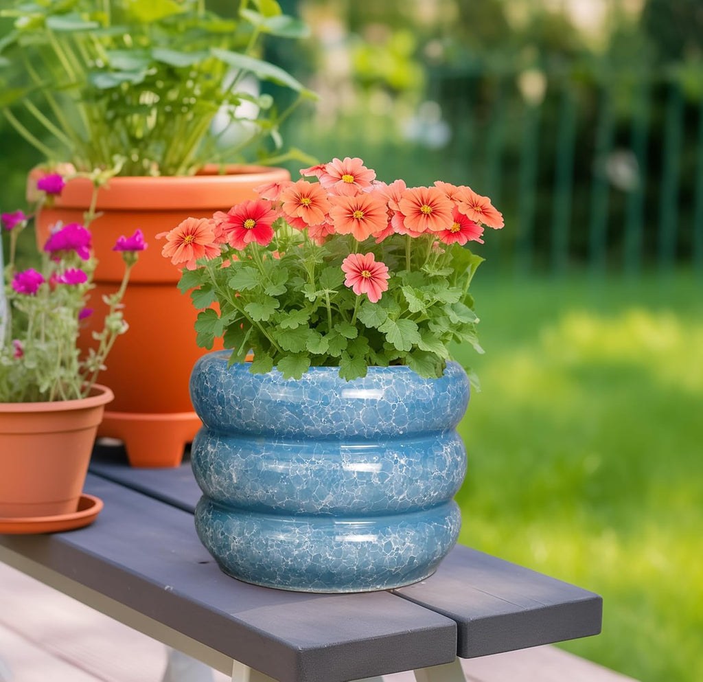 SQOWL 8 Inch Plant Pot with Drainage Hole - Ceramic Pot for Plants Outdoor Planter for Indoor Plants Decorative Plant Pot Medium Flower Pot Round Planter for Bathroom House Decor Blue