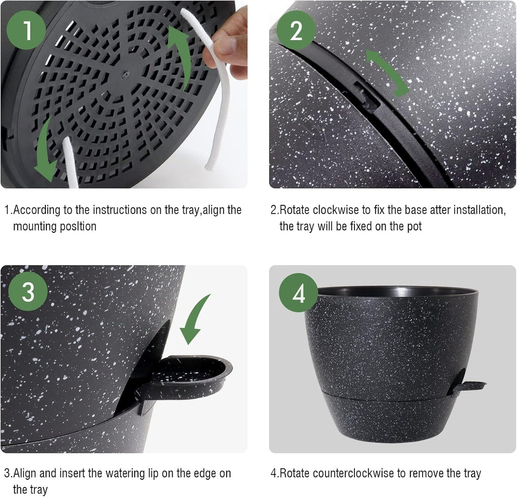 10/9/8 inch Self Watering Pots, Set of 3 Plastic Planters with Mesh Drainage Holes and Deep Reservoir for Indoor Outdoor Garden Plants and Flowers, Black Speckles