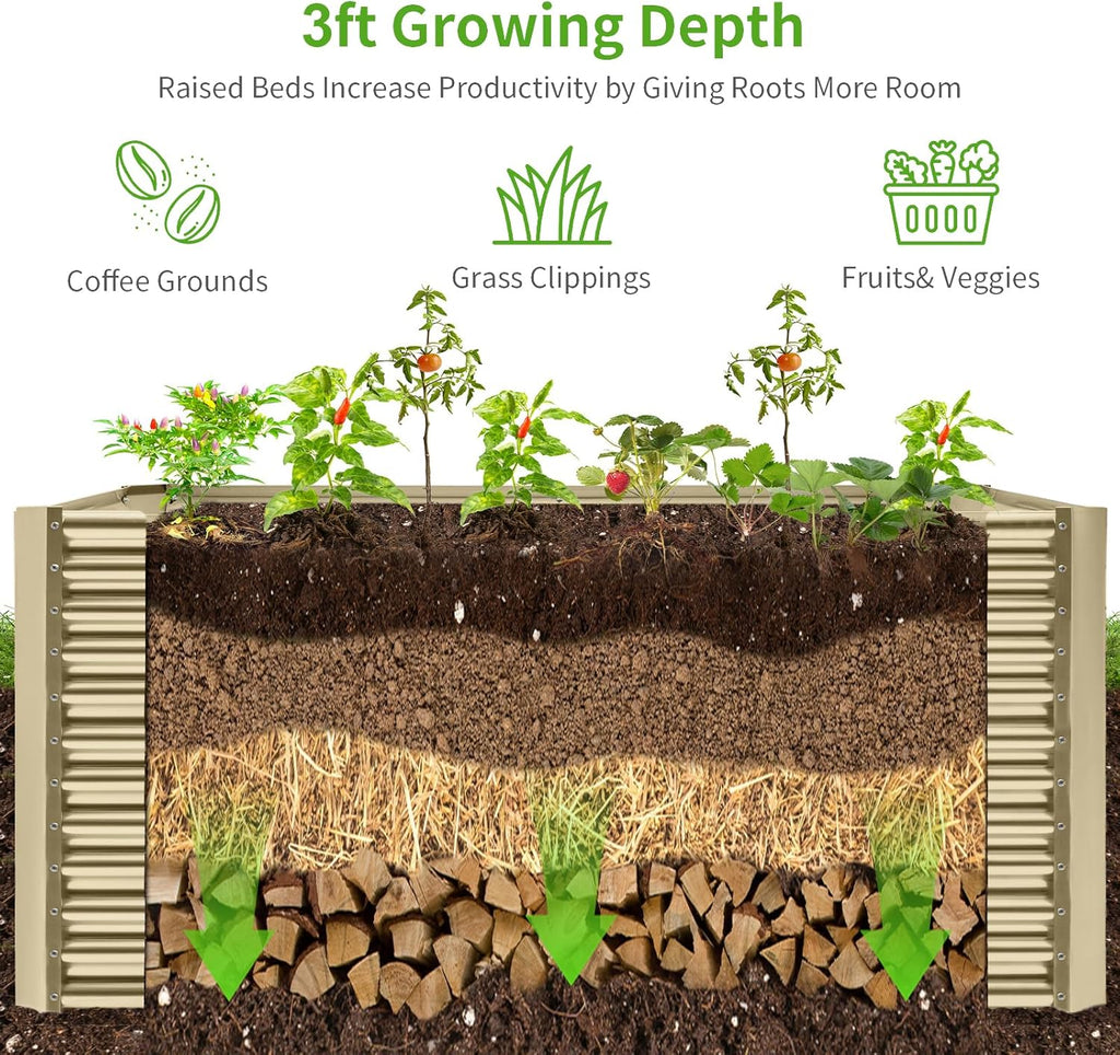 Land Guard 6x3x3ft Rectangular Galvanized Raised Garden Beds, Large-Capacity Metal Planter Box Outdoor, Durable Deep Raised Garden Bed 3ft Tall, Raised Beds for Gardening Vegetables, Cream Yellow