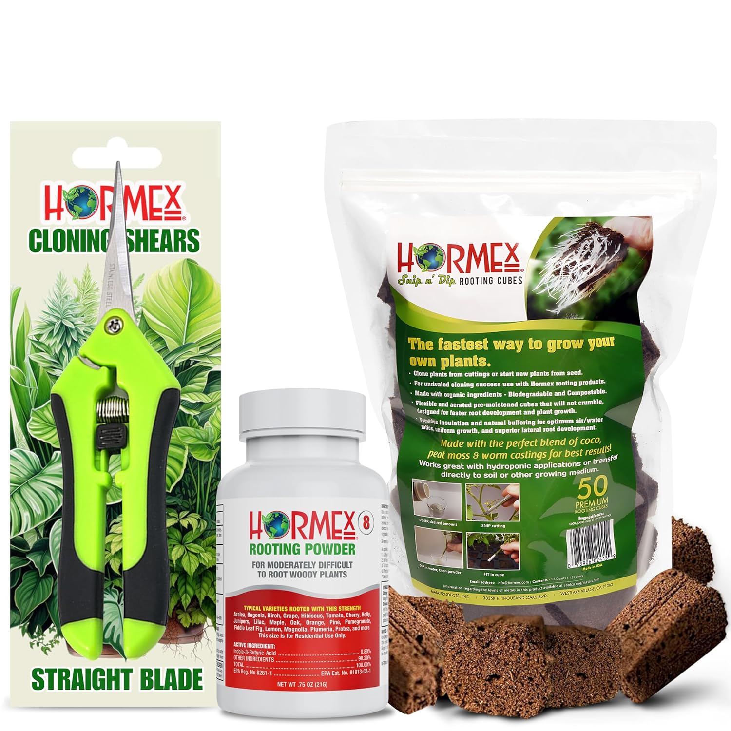 Hormex Rooting Powder #8, Grow Cubes, Shears Combo - Rooting Hormone for Semi-Hardwood Plants & Medicinal Cuttings | Root Starter Cubes for Cloning Plants | Precision Straight-Blade Shears (50 Plugs)