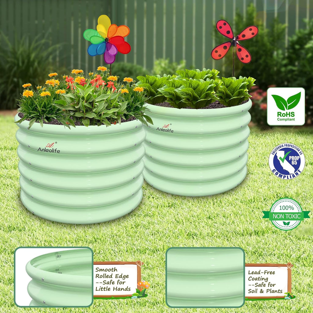 A ANLEOLIFE Kids Raised Garden Beds Outdoor (4-Pack)-24x24x18in Round Galvanized Metal Planter Box for Planting Vegetables, Flowers, Fruits, Eco-Safe & Easy Setup, Mint Green