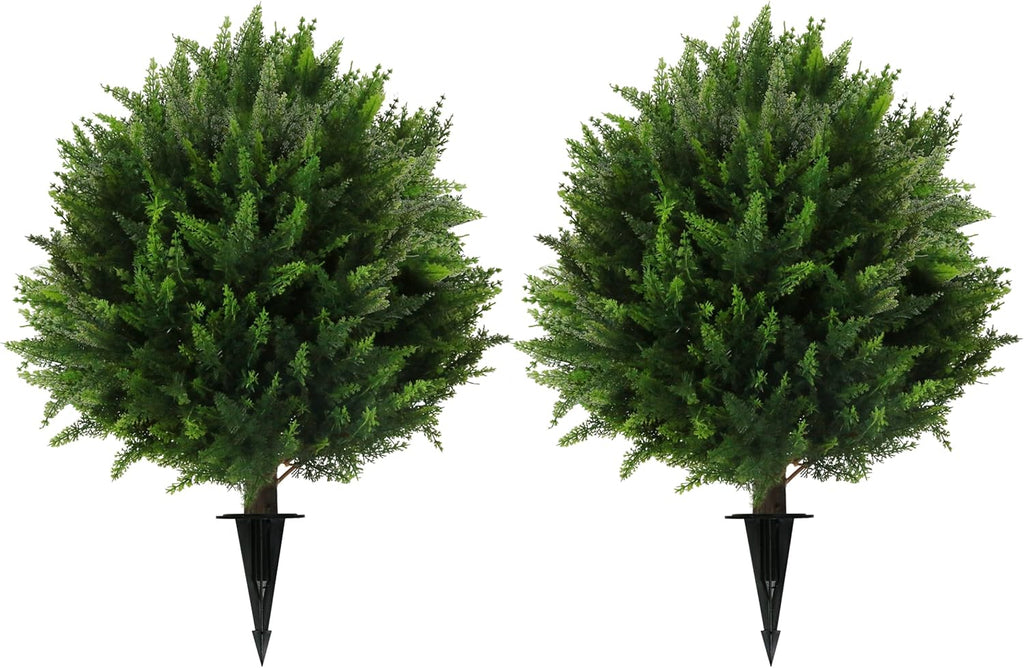 Sunnyglade Set of 2 Artificial Cedar Topiary Ball Trees, Faux Cedar Shrub Bushes with Ground Spike 25.5", UV Resistant Fake Cedar Plants for Indoor, Garden, Yard, Porch, Patio Decor (Green)