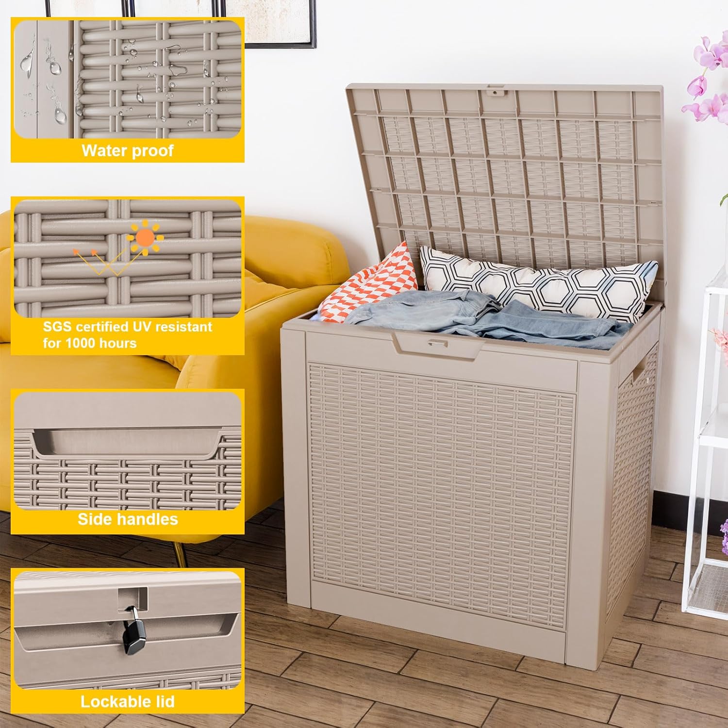 30 Gallon Resin Deck Box, Lockable Patio Outdoor Storage Box for Furniture, Garden Tools and Tools Storage, Waterproof Outside Storage Boxes - Grey