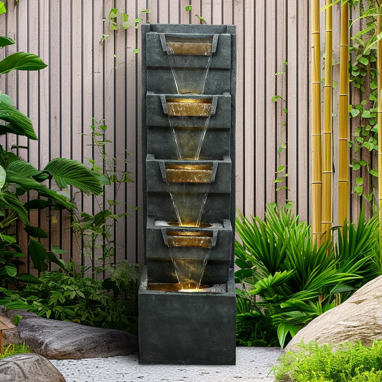 SunJet 4-Tiers Modern Cascading Indoor/Outdoor Fountains and Waterfalls with LED Lights - 39.3" High Large Water Fountain for Garden, Patio, Yard, and Deck Decor - Relaxing Water Fountain Outdoor