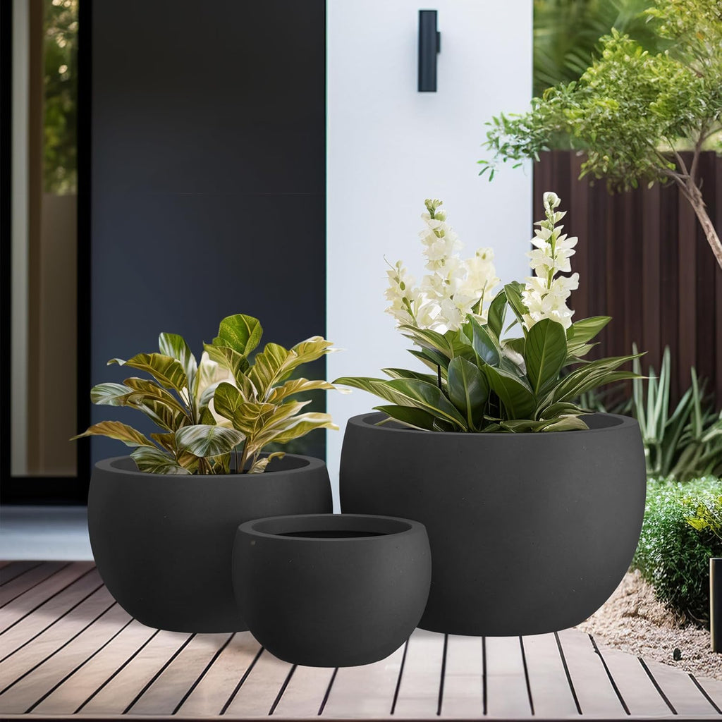 Kante 19.9",15.7",11.8" Dia Round Concrete Planter Set of 3, Outdoor/Indoor Large Bowl Plant Pots with Drainage Hole and Rubber Plug for Garden Patio Balcony Home, Black