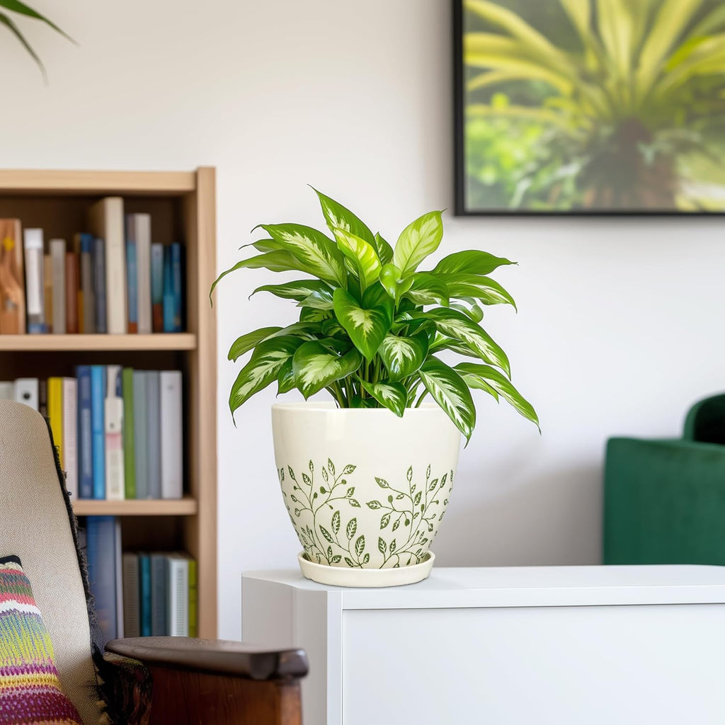 6.8 Inch Plant Pot - Ceramic Pot for Indoor Outdoor Plants, Boho Decorative Round Ceramic Planter with Drainage Hole and Saucer, Housewarming Gifts, Office Garden Home Decor, White