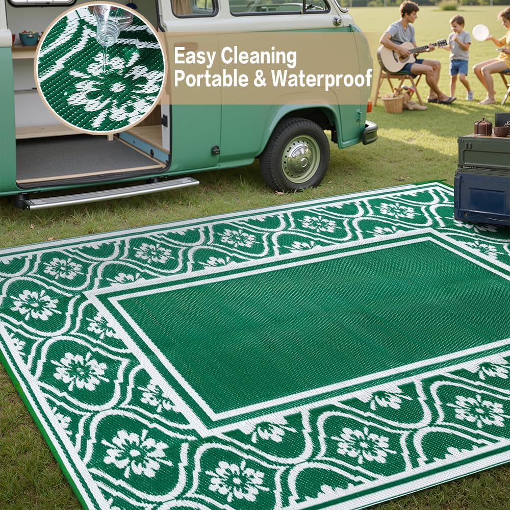 Outdoor Rug 8x10 Patio Waterproof Mat Camping Carpet Outside Area Rug Reversible Green Rugs for RV Deck Entryance Porch Picnic Balcony Beach
