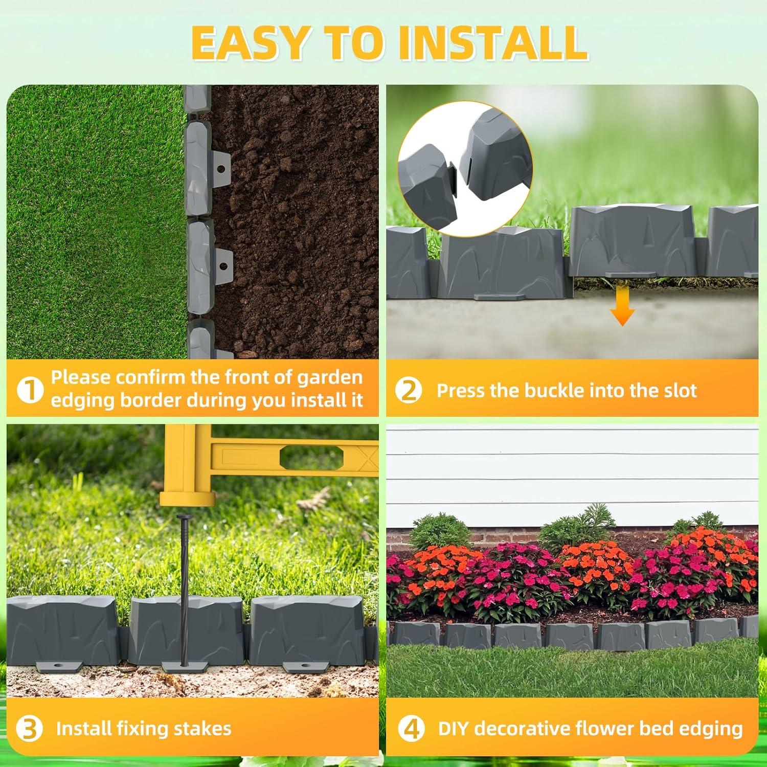 16Pcs Landscape Edging(24 Foot) with 48 Pieces 8-inch Spikes | 3 Inch Tall Faux Stone Edging for Landscaping | Faux Stone Edging Bricks for Flower Bed,Lawn,Yard,Weed Barrier(Dark Grey)