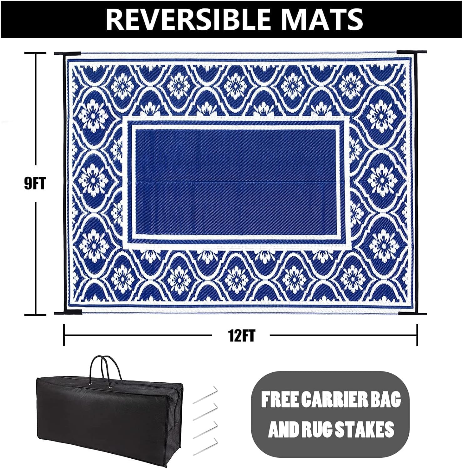 RV Outdoor Rug Waterproof Mat 9'x12' Camping Carpet Outside Area Rugs Reversible Light Blue Rugs for Deck Entryance Porch Picnic Balcony Beach