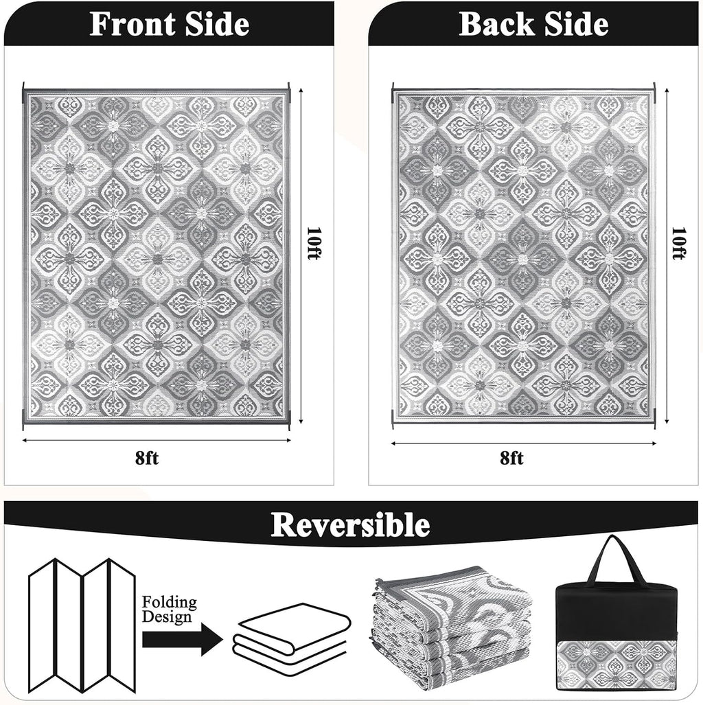 Pauwer Waterproof Outdoor Rug 8x10, Reversible Plastic Straw Patio Camping Rug, Indoor Outdoor RV Mat Carpet for Deck, Camper, Porch, Balcony, Backyard, Picnic, Clover Grey