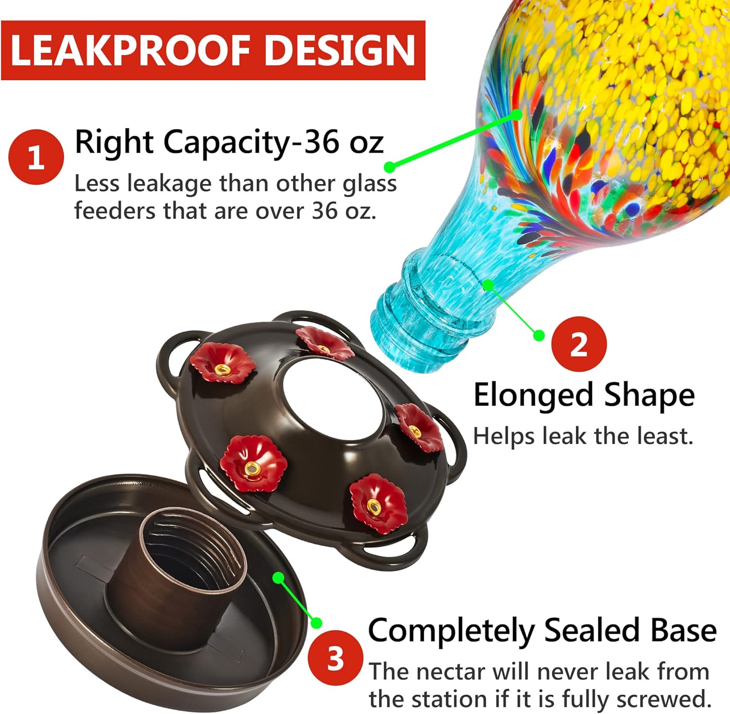 LUJII Hand Blown Glass Hummingbird Feeder for Outdoors with Ant Moat, Leak Proof & Rustproof,36 fl.oz, Metal Base Cover with 5 Feeding Ports & 5 Perches, Glass Art for Garden Decor (Blue Mixed Yellow)