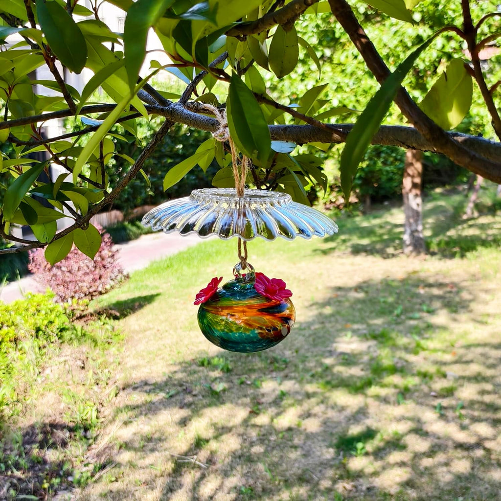 Small Glass Hummingbird Feeders for Outdoors Hanging - Hand Blown Glass Ball Nectar Feeding + Rain Cover, Multi Color with 3 Flowers Feeding Ports, Decor for Garden/Backyard Outside