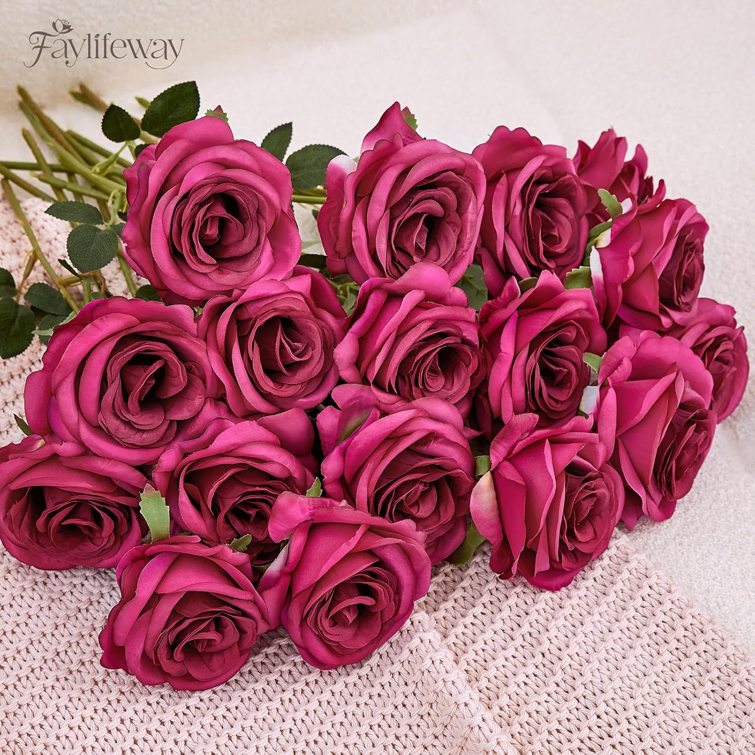20PCS Artificial Roses Flowers, 3.9'' Silk Flower Head Fake Fuchsia Rose with Long Stems, Realistic Faux Roses Bouquet for DIY Wedding Home Party Office Decoration