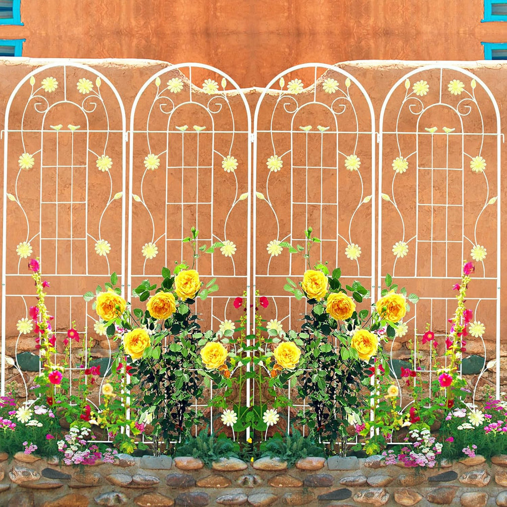 4 Pack Metal Garden Trellis 71" H Cream White Garden Fence Rustproof Trellis for Climbing Plants Support Roses Flower Outdoor Lawn, White 6FT