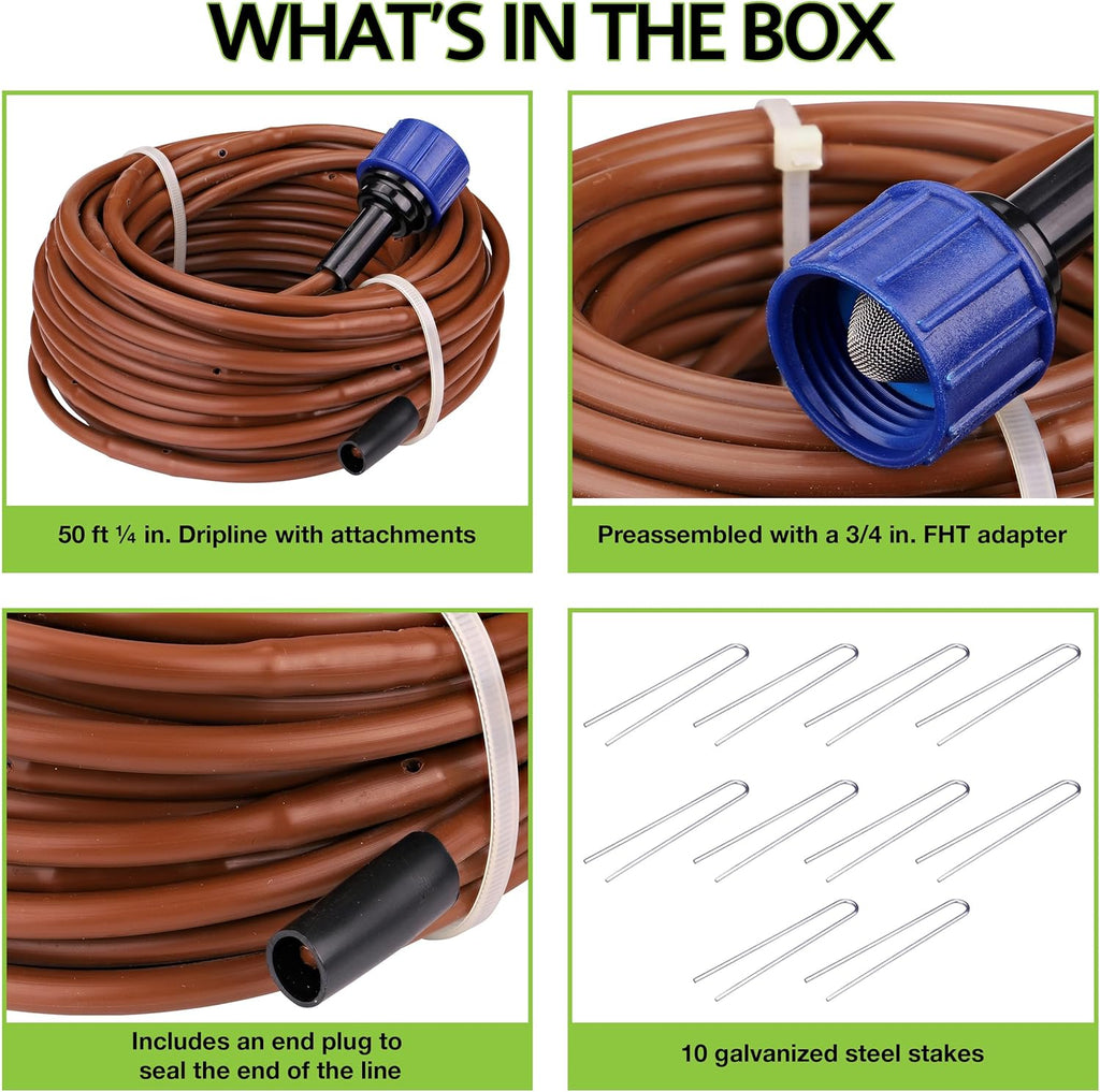 Raindrip R567DT Drip Irrigation Watering Kit for Vegetable Gardens Includes 50 feet of 1/4-Inch Dripline, 3/4-Inch FHT Adapter, 10 Hold-Down Stakes, 1 End Plug