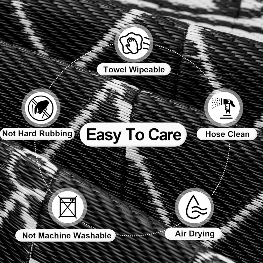 OutdoorLines Indoor Outdoor Rugs for Patio 6x9 ft - Reversible Outside Carpet, Stain & UV Resistant Portable RV Mats, Plastic Straw Rug for Camping, Pool Deck, Porch Rhombus Black & White