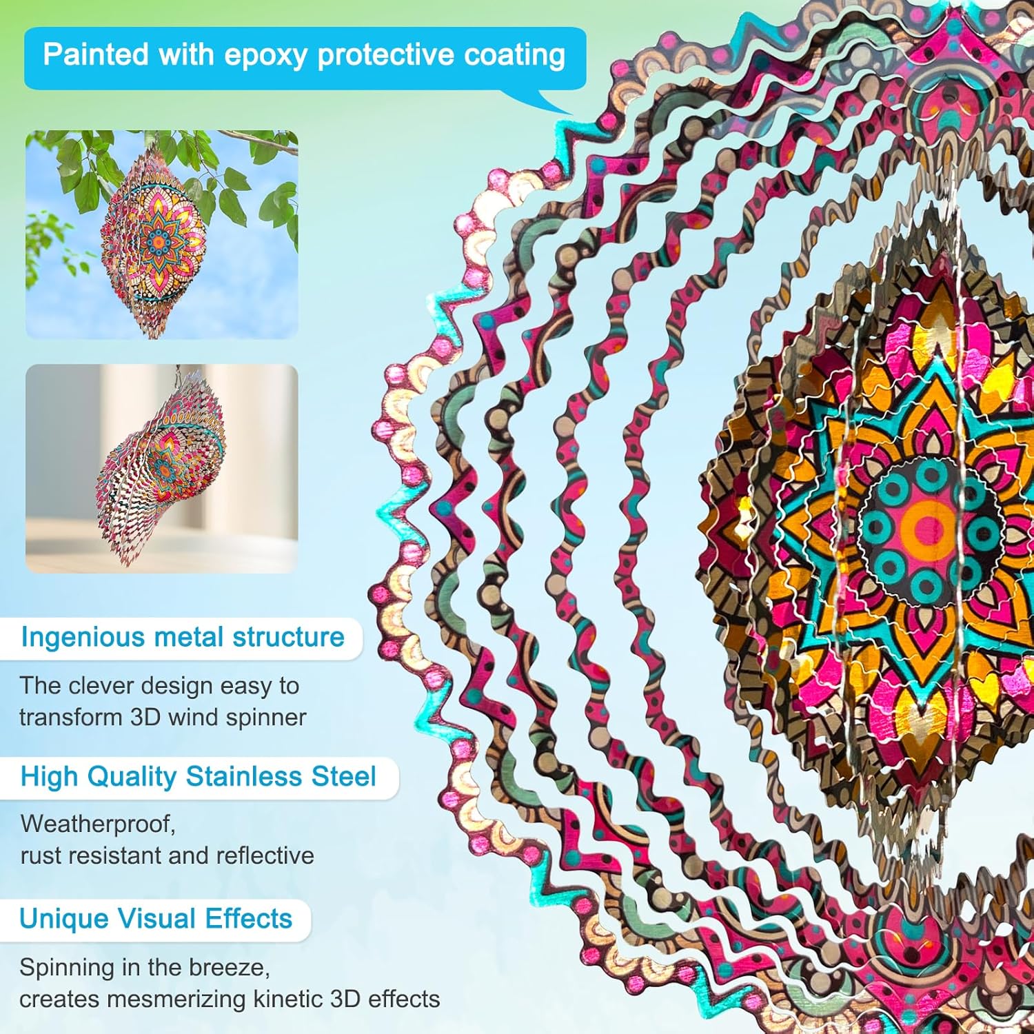 Goolyrusim Wind Spinner Mandala Blossom 3D Kinetic Wind Spinners Outdoor Laser Cut Stainless Steel Metal Art Hanging Wind Sculpture Mandala Garden Decoration Yard Art Decor Ornament Housewarming GIF