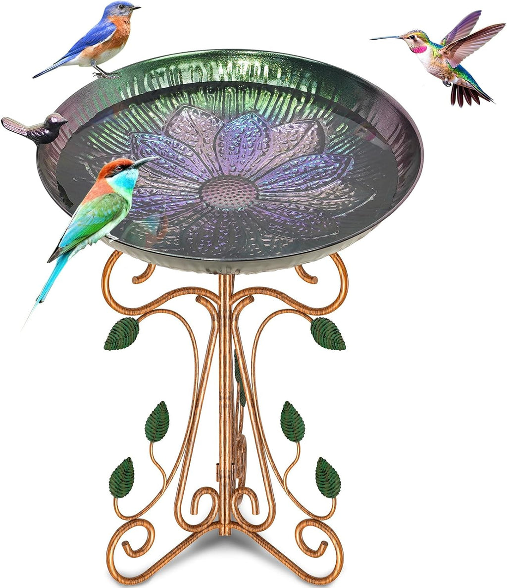 Vintage Metal Bird Bath for Outside, 13" Dia Birdbaths Bowl with Cast Iron Pedestal, Large Antique Bird Feeder with Folding Bracket for Outdoors Garden Patio Yard Decor (Purple Lotus)