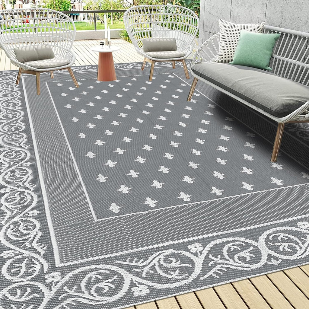 Pauwer Waterproof Outdoor Rug 8x10, Reversible Plastic Straw Patio Camping Rug, Indoor Outdoor RV Mat Carpet for Deck, Camper, Porch, Balcony, Backyard, Picnic, Bordered Grey