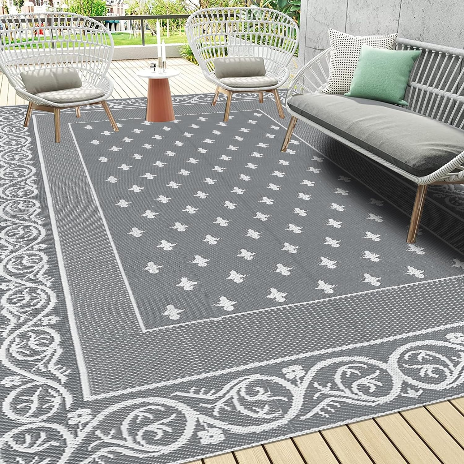 Pauwer Waterproof Outdoor Rug 8x10, Reversible Plastic Straw Patio Camping Rug, Indoor Outdoor RV Mat Carpet for Deck, Camper, Porch, Balcony, Backyard, Picnic, Bordered Grey