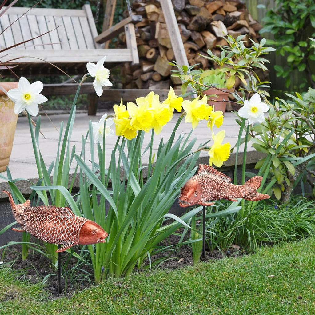 Garden Statues Koi Fish Decor, Garden Fish Pond Statues, Set of 2 Antique Copper Koi Art Sculptures for Outdoors Patio Backyard Lawn Yard Decoration, Japanese Garden Decor, Best Gifts