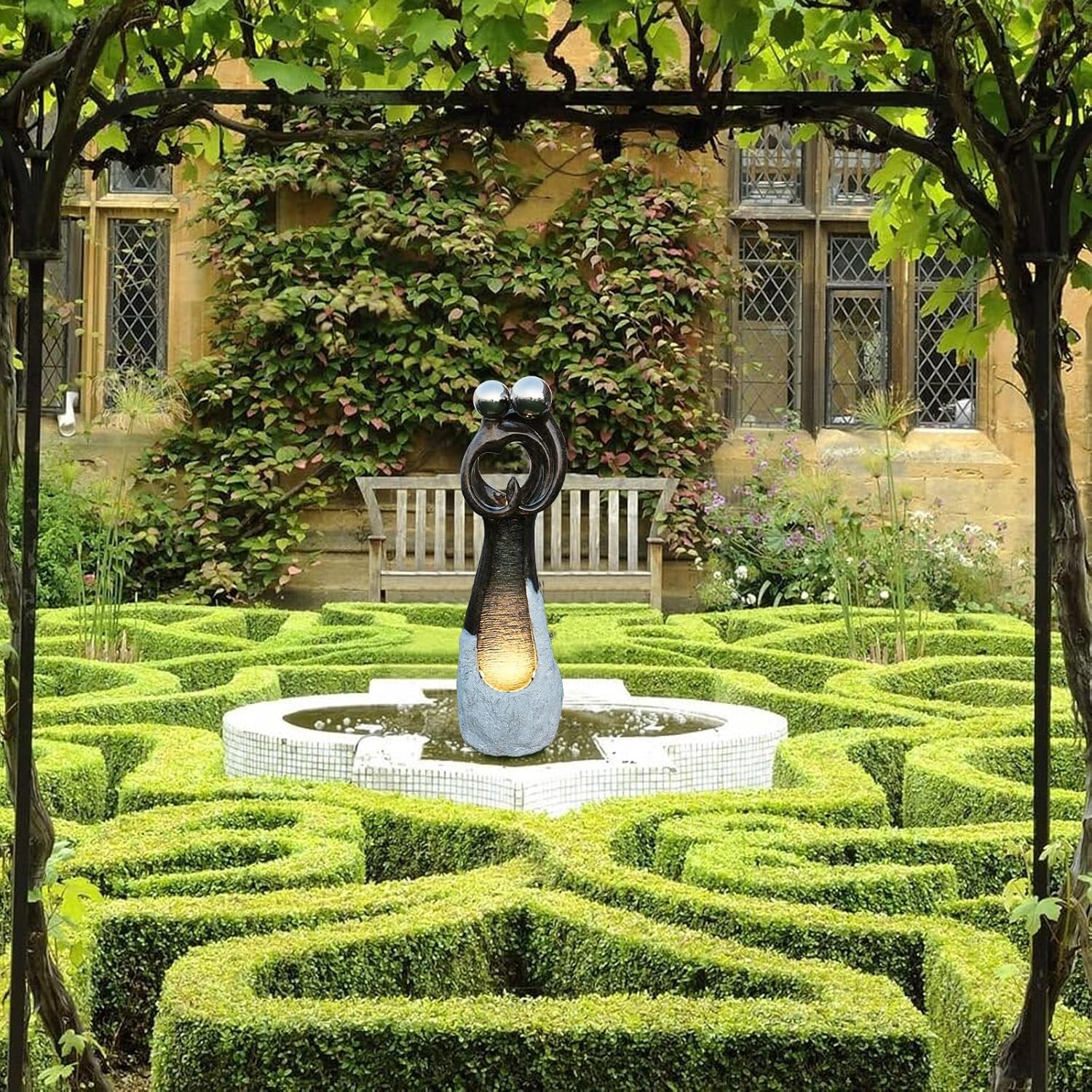 Couple Standing Fountains 45 Inch Graceful Hugging Water Fountain Design Indoor Zen Waterfall Fountain with LED Lights Perfect for Gardens, Indoor Decor Ideal for Couples and Home Decor Lovers