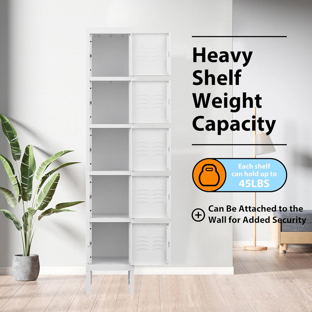 Metal Lockers for Employees, Steel Storage Locker with 5 Doors for Home, Office, School, Gym (White)