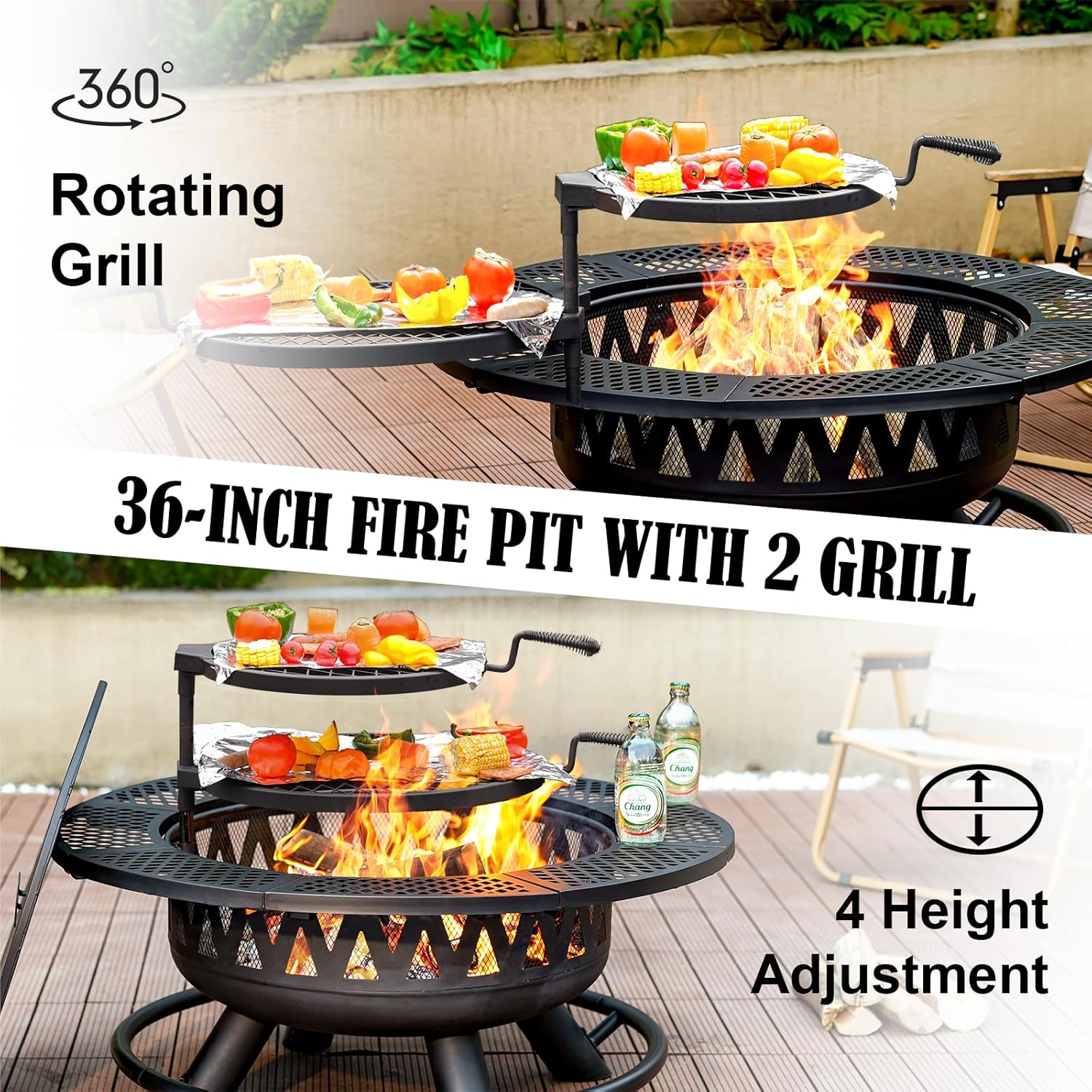 36 Inch Fire Pit with 2 Grills, Large Outdoor Firepits for Outside, Wood Burning Fireplace for Camping,Picnic,Bonfire, 3-in-1 Round Metal Table with Lid for Backyard,Patio,Party