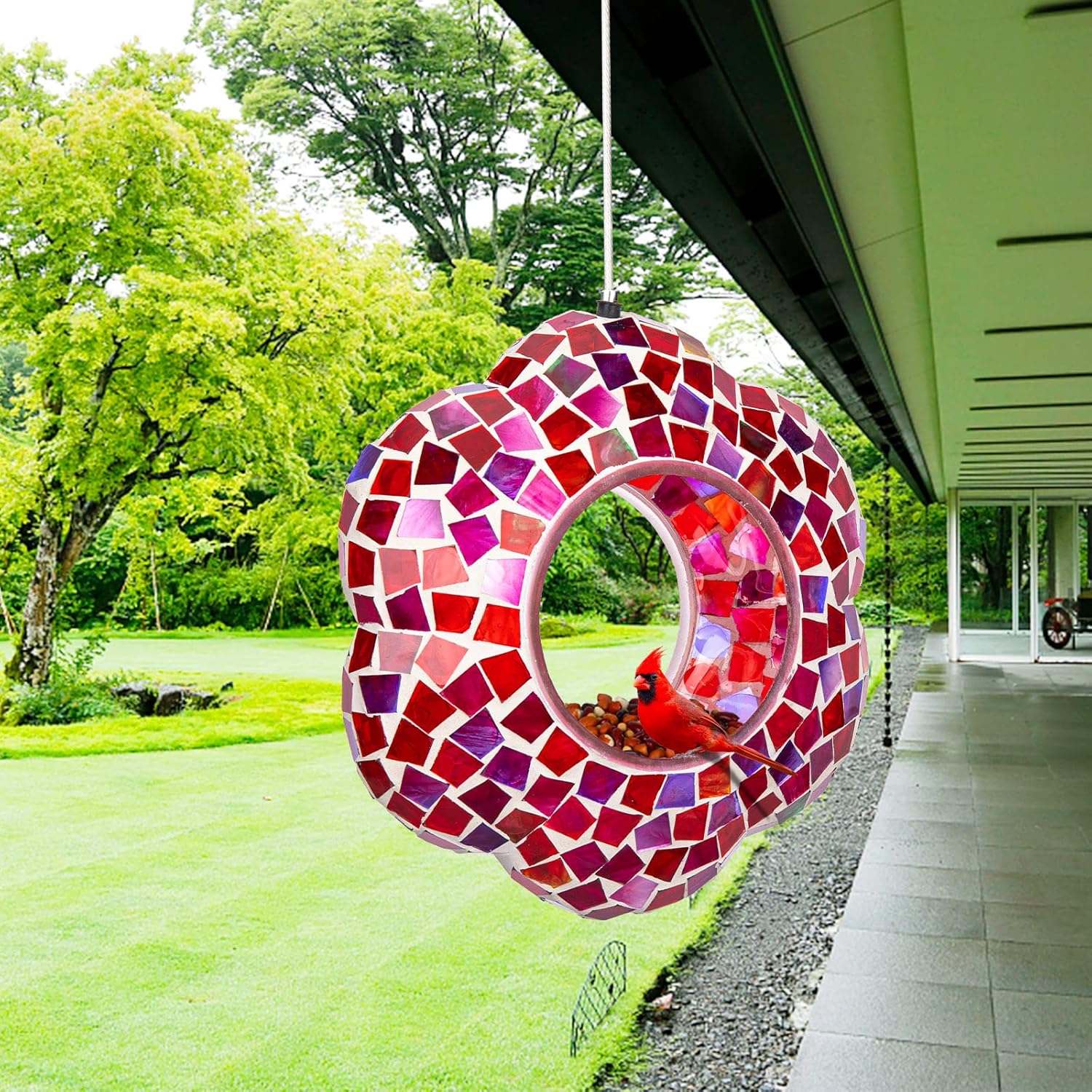 Yinns 9 inch Large Mosaic Bird Feeder, Fly Through Glass Bird Feeder, Hanging Bird Feeder with Oval Stained Glass for Outdoor Garden Decor