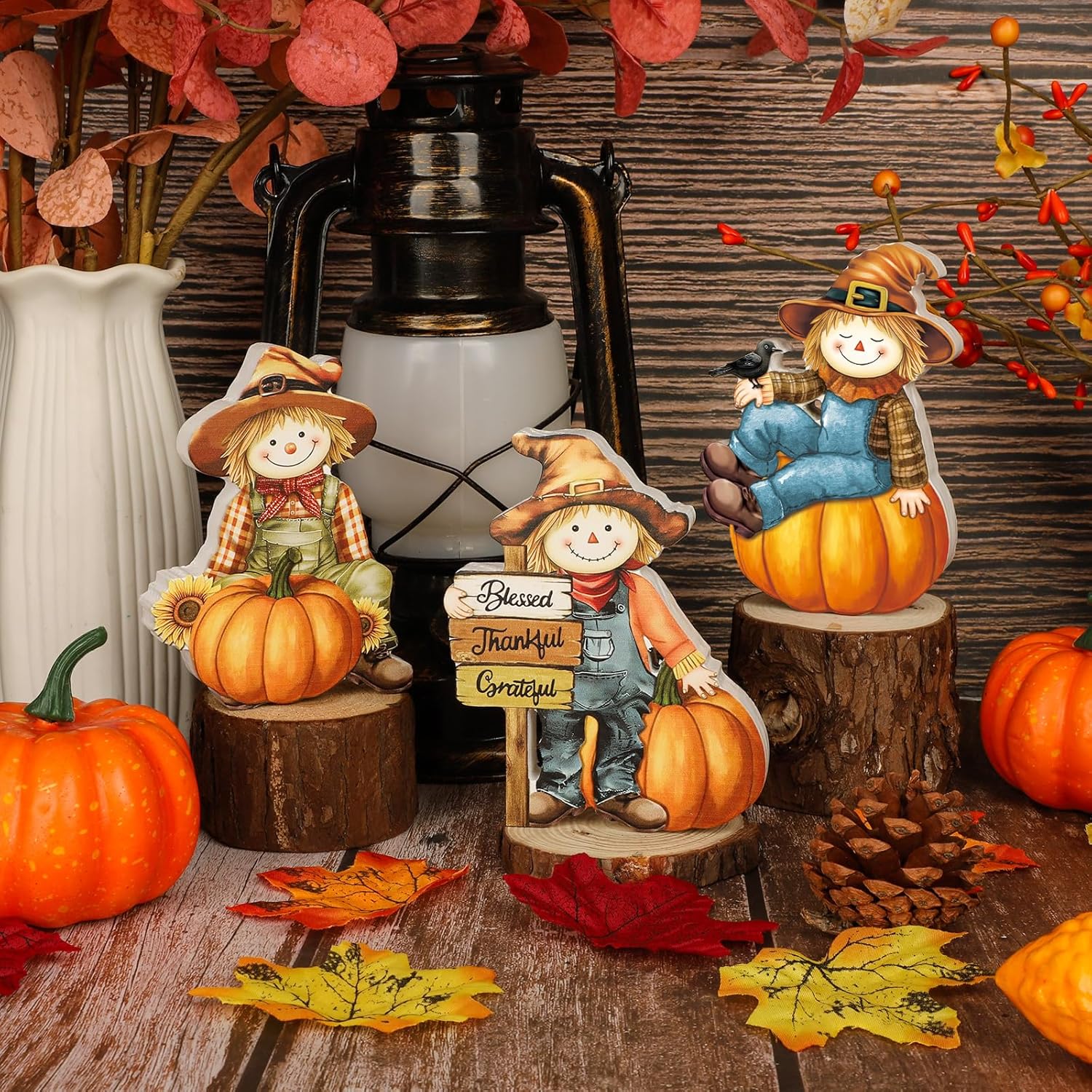 COCHIE 3 Pcs Fall Scarecrow Decor Rustic Fall Tiered Tray Decorations Wooden Scarecrow Pumpkin Sign Autumn Thanksgiving Gifts Home Office Decor Party Supplies