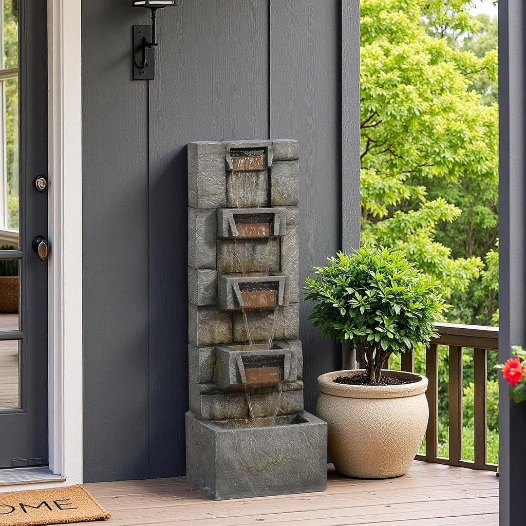 41.1" Garden Water Fountain Outdoor – 5-Tier Modern Cascading Resin Waterfall Fountain with LED Light, Mossy Stone Look, Floor-Standing Outdoor Water Feature for Patio, Yard, Deck, Home Décor