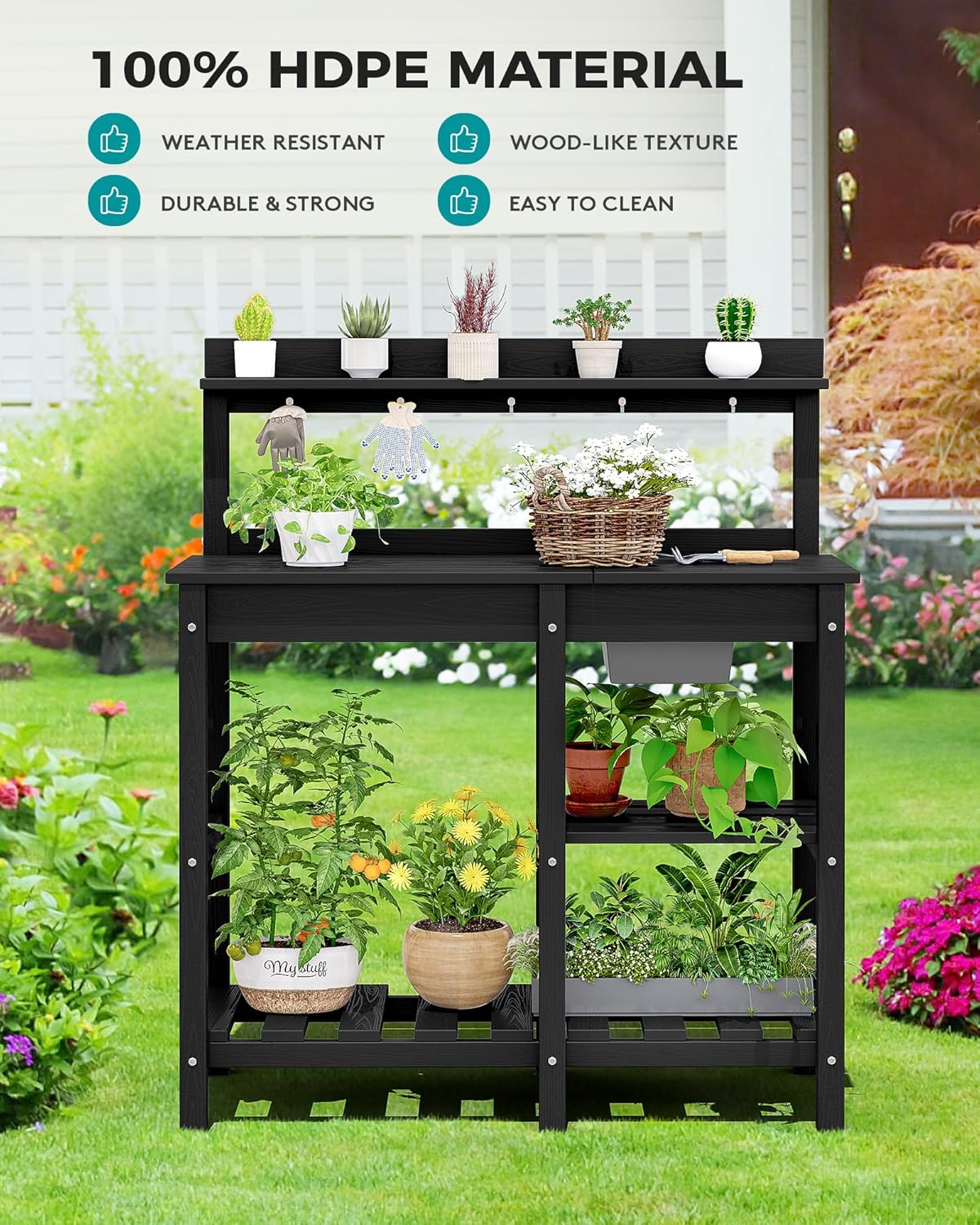 SERWALL Potting Bench Set of 2 Outdoor Potting Table with Sink, HDPE Potting Benches for Outside Gardening Table All Weather Use- Black