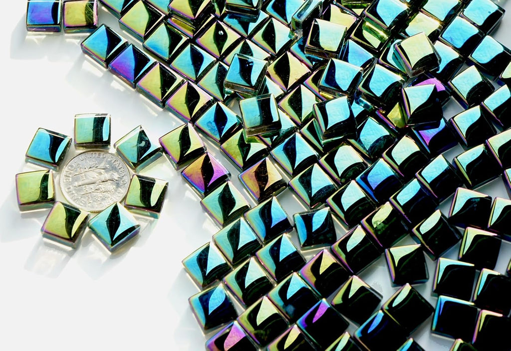 Iridescent Square Mosaic Tiles for Crafts, 300G Small Crystal Mosaic Glass Pieces Bulk for Mosaic Beginner, 0.41”x0.41” Tile for Art Glass Project, Ideal for Handmade Mosaic Home Decor, Black