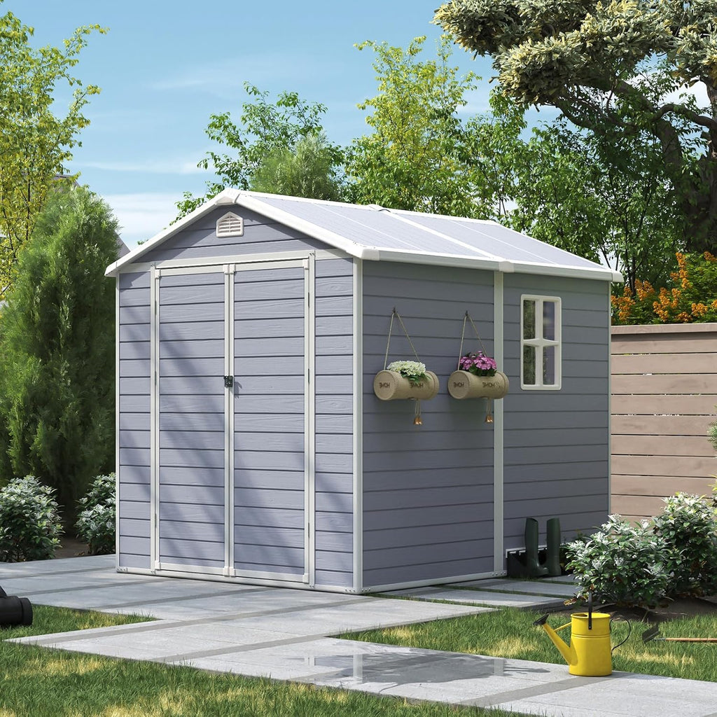 Aoxun 6X8 FT Resin Outdoor Storage Shed with Floor, Plastic Garden Shed with Lockable Door and Window, Tools House to Store Patio Furniture, Bike Accessories, Garbage Can and Lawn Mower - Grey