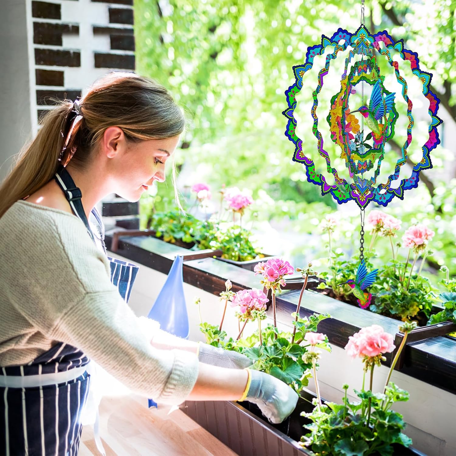 Hummingbird Wind Spinners, 12In Hanging Wind Spinner for Women Mom Grandma, 3D Stainless Steel Laser Cut Wind Sculptures Catcher for Window Outdoor Garden Yard Decor(Colorful)