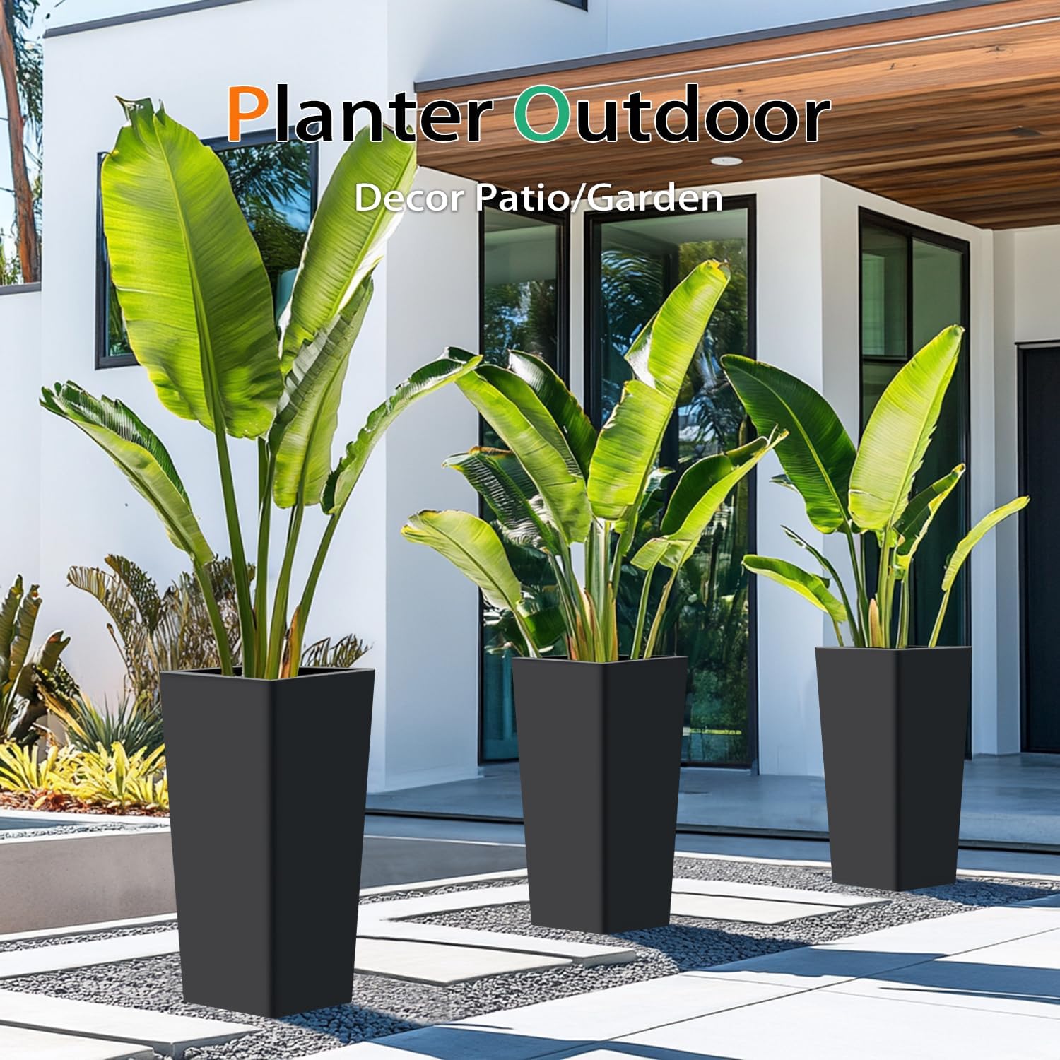Tall Planters for Outdoor Plants, Large Resin Flower Pots for Garden, Front Porch, Patio, Indoor - Set of 2 (Black, 32 inch - 2 Pack)
