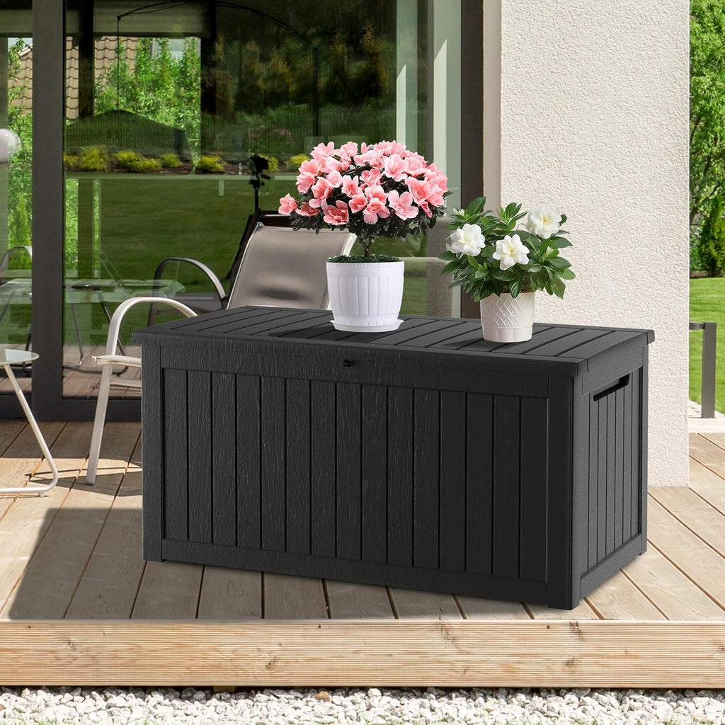 270 Gallon Waterproof Deck Box, Lockable Resin Storage Box for Patio Furniture Cushions Garden Tools and Outdoor Delivery Storage, Black