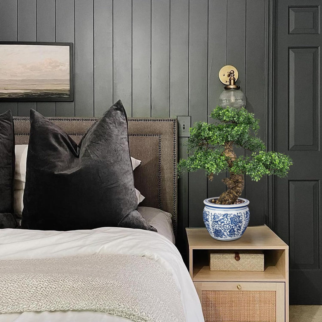 Fake Bonsai Tree Bonsai Plant 17” Tall Artificial Bonsai Trees with Blue and White Porcelain Decorated with Pebbles Desk Plant Indoor Bonsai for Home Office Decor