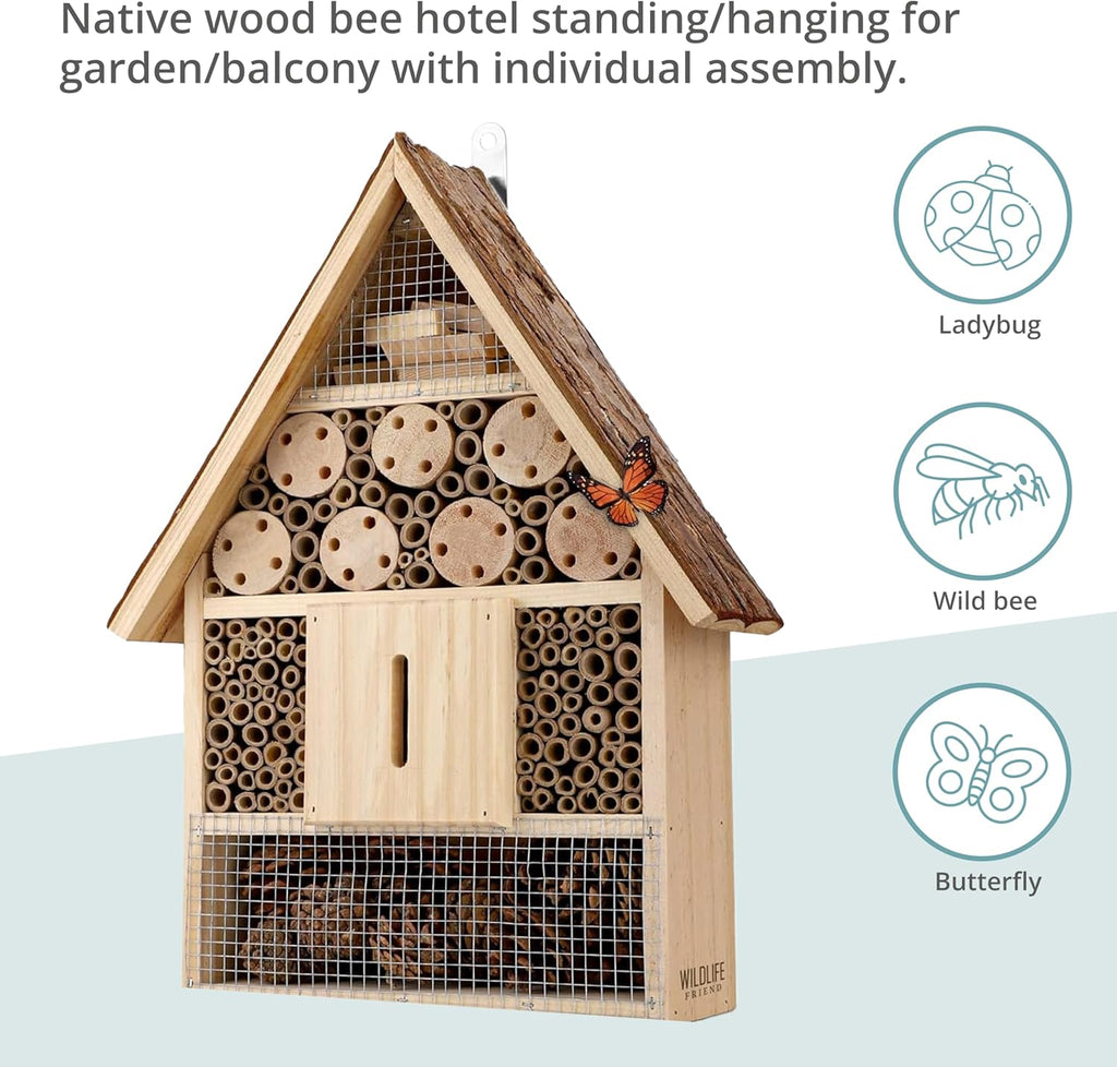 I Large Insect Hotel with bark roof Natural, Weatherproof, Insect House Made of Natural Wood for Bees, Ladybugs, lacewings, Butterflies, bee Hotel, Nesting aid for Hanging