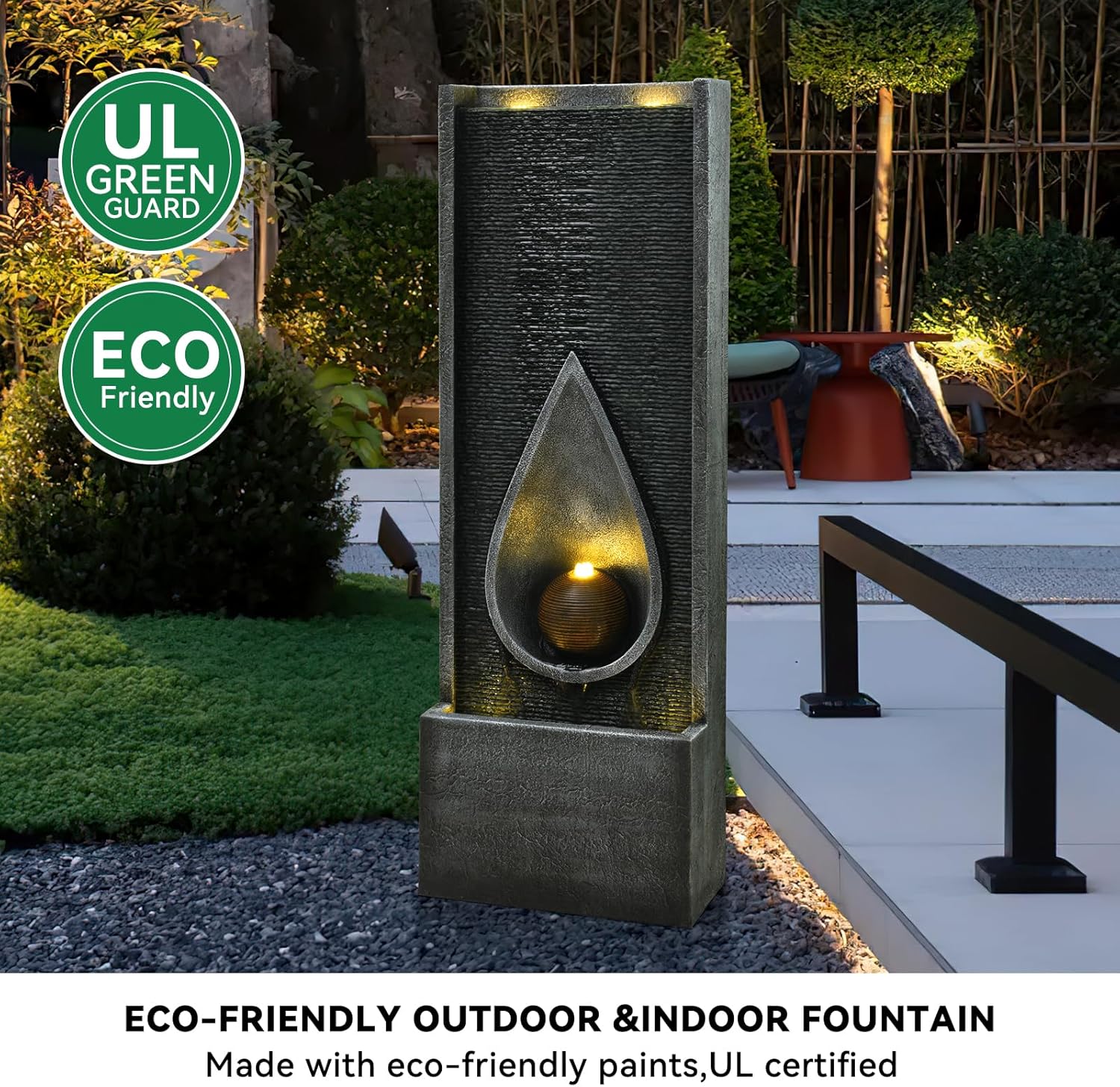 Water Fountain Indoor Outdoor, 53.14inch Modern Cascading Waterfall Feature with LED Lights, Tall Floor Standing Fountain for Garden, Deck, Patio, Porch, Yard Decor (53)