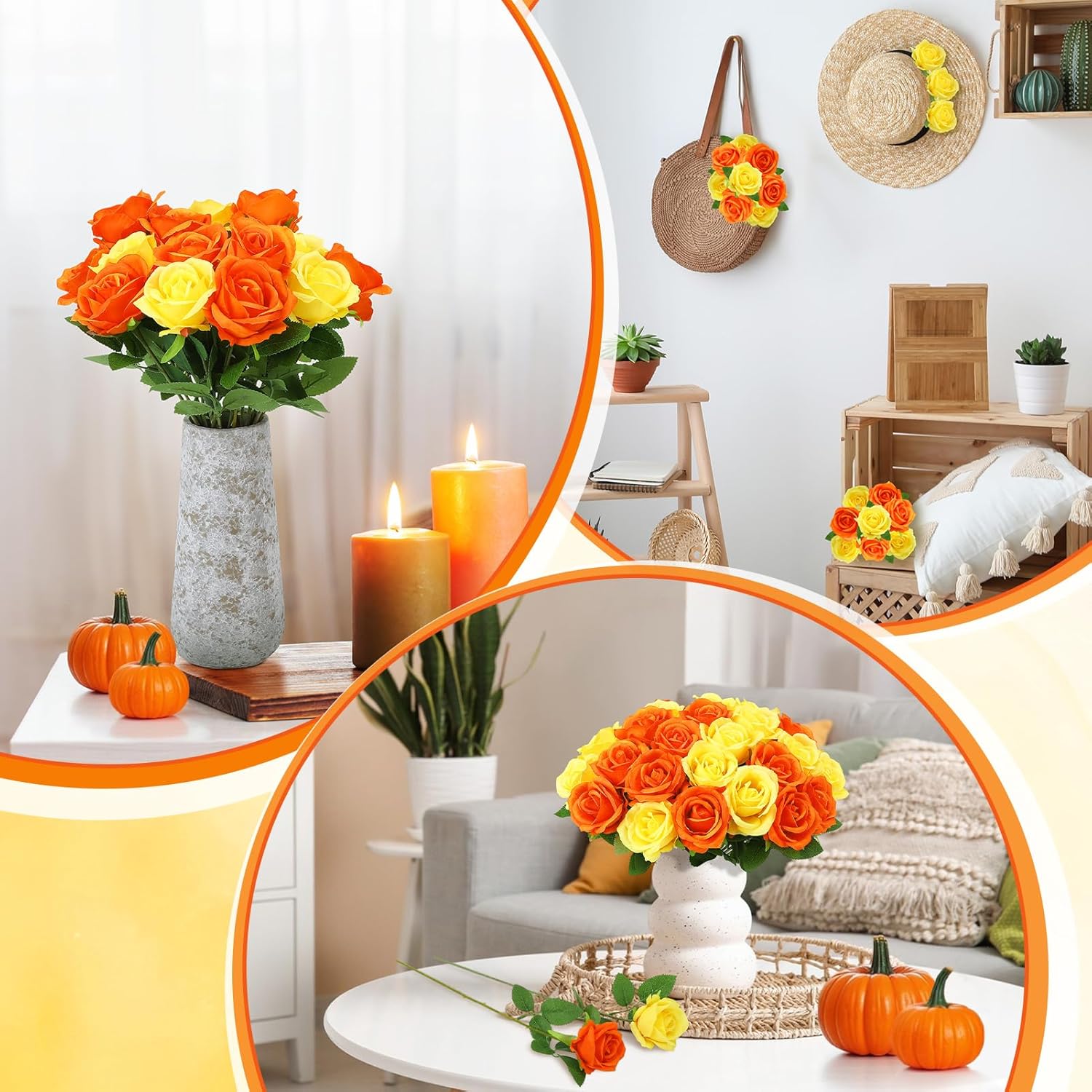 36 Pcs Yellow, Orange Artificial Roses with Long Stems, Purple Fake Silk Rose Artificial Flowers Bulk for Bridal Wedding Bouquet Centerpiece Ball Arrangement Party Decor