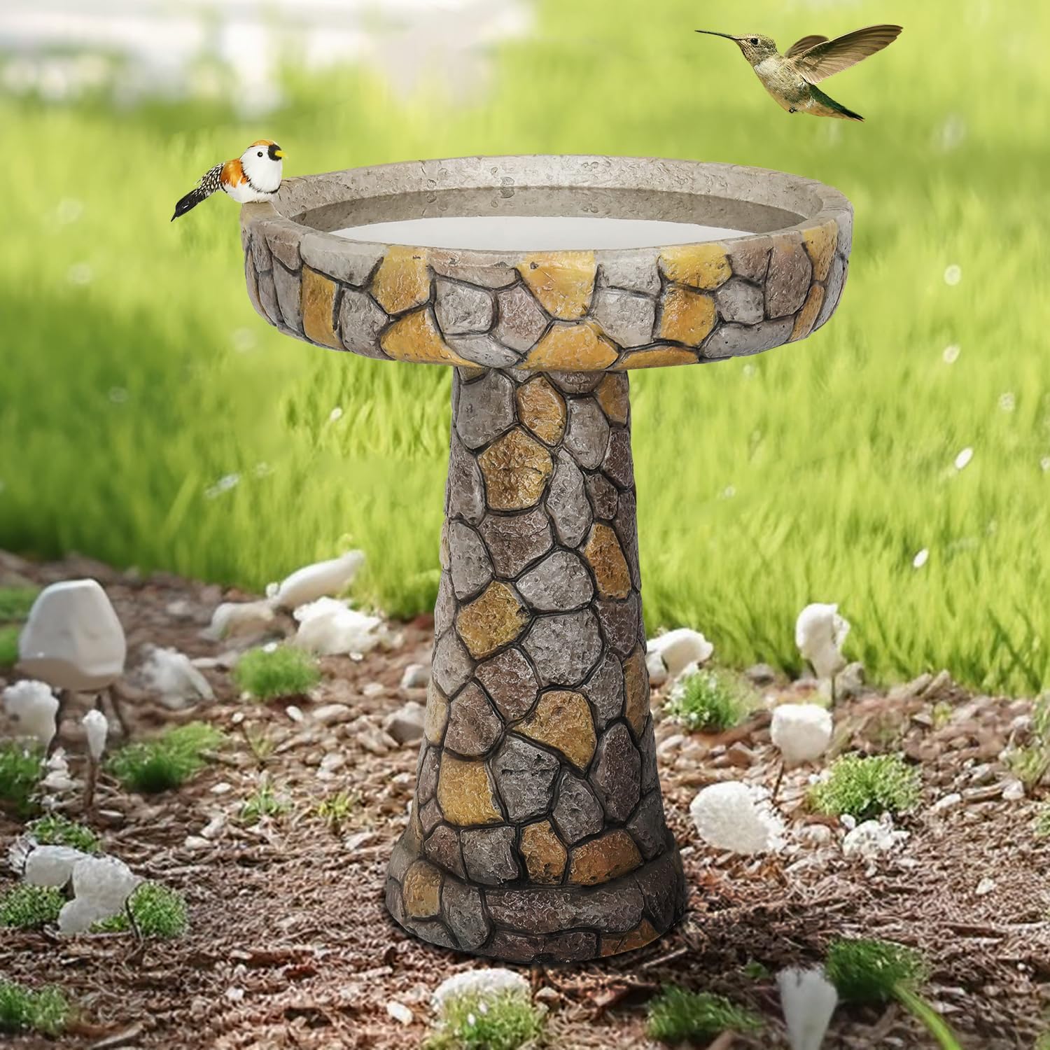 Outdoor Bird Bath - 24" H * 18.8" Φ Mosaic Stone Design BirdBath Perfect for Adding Interest to Your Garden, Patio, Backyard, Porch
