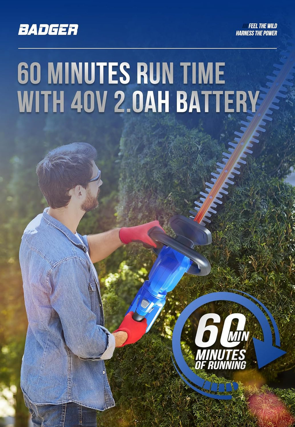 WILD BADGER POWER Hedge Trimmer 40V 24” Cordless, Powerful Electric Hedge Trimmer, 2.0Ah Battery and Charger Included