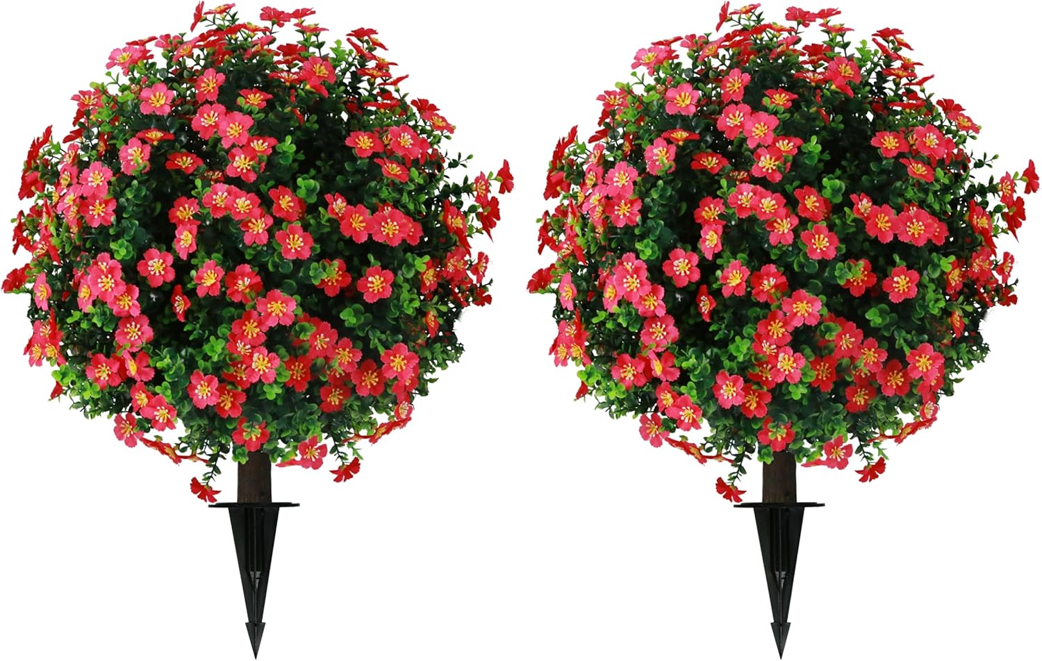 Sunnyglade Set of 2 Artificial Boxwood Topiary Ball Trees with Red Flower, Faux Shrub Bushes with Ground Spike 25.5", UV Resistant Fake Boxwood Plants for Indoor, Garden, Porch, Patio Decor (Red)