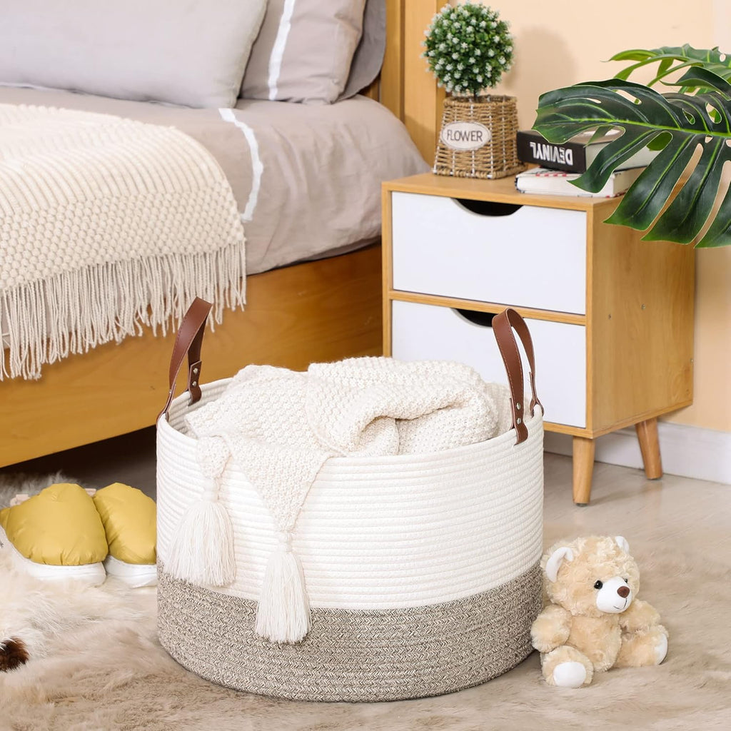 KAKAMAY Large Blanket Basket (20"x13"),Woven Baskets for storage Baby Laundry Hamper,Cotton Rope Blanket Basket for Living Room, Laundry, Nursery, Pillows, Baby Toy chest (White/Beige)