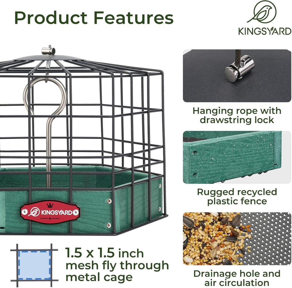 Kingsyard Squirrel Proof Platform Bird Feeders for Outdoor Hanging, Caged Bird Feeder for Small Wildbirds, Recycled Plastic Feeding Platform with Metal Seed Tray, Green