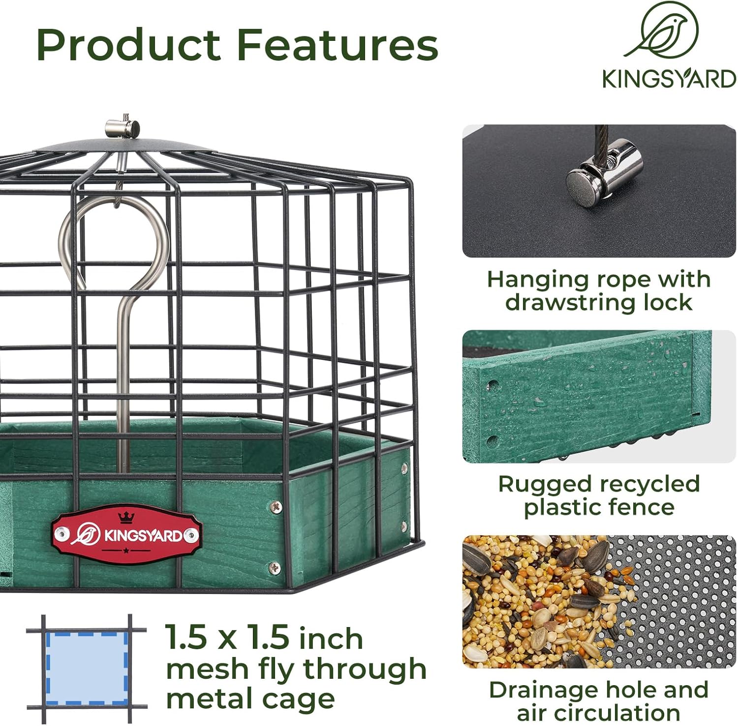 Kingsyard Squirrel Proof Platform Bird Feeders for Outdoor Hanging, Caged Bird Feeder for Small Wildbirds, Recycled Plastic Feeding Platform with Metal Seed Tray, Green